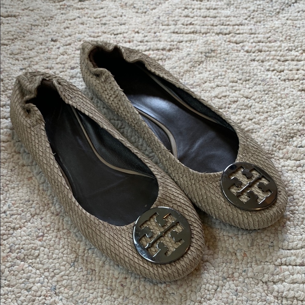 Tory Burch Taupe Flats with Silver Logo